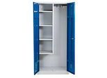 Putzmittelschrank, B 800 mm, 4 Böden, verkürzte Mitteltrennwand, abschliessbar, enzianblau RAL 5010/l.grau RAL 7035