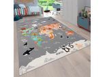Kinderteppich PACO HOME "Bino 581", grau, B:140cm H:4mm L:200cm, Polyester, Teppiche, Kinderteppich, Spielteppich, Motiv Weltkarte & Tiere, Kinderzimmer