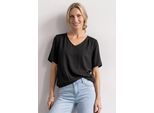 Shirtbluse STREET ONE, Damen, Gr. 38, schwarz, Stoff, 100% Viskose, unifarben, klassisch normal, V-Ausschnitt, normaler Saum, Blusen, mit V-Ausschnitt