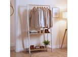 Bambus Standgarderobe MCW-Q32, Garderobenständer Kleiderständer Schuhregal, Stange 2 Ablagen 130x70x44cm ~ natur-weiß