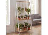 Bambus Pflanzenregal MCW-Q32, Blumentreppe Blumenständer Pflanzentreppe, Stange 2 Ablagen 130x70x44cm ~ natur-weiß