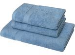 Handtuch Set DYCKHOFF "Planet", blau (rauchblau), 3 Stk., Walkfrottier, Walkfrottier, Obermaterial: 100% Baumwolle, Handtuch-Sets, Handtuch Set, 2 Handtücher (50x100cm), 1 Duschtuch (70x140cm)