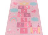 Kinderteppich PACO HOME "Bino 585", pink, B:200cm H:4mm L:290cm, Polyester, Teppiche, Kinderteppich, Spielteppich, Kurzflor, Motiv Regenbogen & Hüpfkästchen