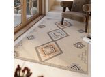 Wollteppich GREEN LOOOP "Jong", beige (creme beige), B:80cm H:5mm L:150cm, Wolle, Teppiche, Fransen, Kelim, handgewebt, Natur, Wohnzimmer, Schlafzimmer, Raute