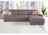 Ecksofa DOMO COLLECTION "Ava mit moderner Sitzheftung & toller Doppelnaht, komfortabel, L-Form", braun (schlamm), B:262cm H:84cm T:167cm, Kunstleder SOFTLUX;Struktur fein (100% Polyester);Zierkissen: Microfaser PRIMABELLE (100% Polyester);Struktur (100% Polyester);Microfaser PRIMABELLE (100% Polyester), Sofas, Ecksofa, mit Recamiere, inkl. Federkern, wahlweise mit Kopfteilverstellungen