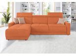 Ecksofa DOMO COLLECTION "Ava mit moderner Sitzheftung & toller Doppelnaht, komfortabel, L-Form", orange (terrakotta), B:262cm H:84cm T:167cm, Kunstleder SOFTLUX;Struktur fein (100% Polyester);Zierkissen: Microfaser PRIMABELLE (100% Polyester);Struktur (100% Polyester);Microfaser PRIMABELLE (100% Polyester), Sofas, Ecksofa, mit Recamiere, inkl. Federkern, wahlweise mit Kopfteilverstellungen