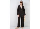 Strukturierte Kimono-Hose mit Schalkragen-Set