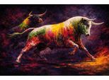 Bild BÖNNINGHOFF "BUNTER STIER 78x118 cm – Leinwandbild Keilrahmen Deko modern", farbe bild(er): braun, schwarz, weiß, blau, rot, B:78cm H:118cm T:1,8cm, Canvas, MDF, Bilder, Bild