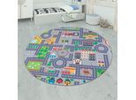 Kinderteppich PACO HOME "Bino 576", grau, H:4mm Ø:200cm, Polyester, Teppiche, Kinderteppich, Kurzflor, Straßen-Spiel-Teppich, Kinderzimmer
