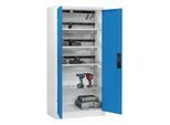 C+P Akkuladeschrank Acurado, abschließbar, mit Lüftung + Inneneinrichtung, B 930 x T 500 x H 1950 mm, Stahl, lichtblau RAL 5012/lichtgrau RAL 7035