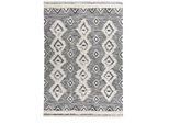 Wollteppich THEKO "Mora - 14019", schwarz (schwarz, weiß), B:90cm H:10mm L:160cm, Schurwolle, Teppiche, Fransenteppich, Handweb Teppich, reine Wolle, handgewebt, Rauten Design, mit Fransen