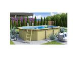 CHILLROI Achteckiger Massivholzpool länglich, 568,5 x 357,5 x 124 cm, Modell 1 X Folie blau Inkl. Zubehör und Pool Leitern