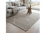 Teppich SANSIBAR "Braderup", beige, B:160cm H:2mm L:230cm, Schurwolle, Teppiche, Teppich, Flachgewebe, modernes Scandi Design, Motiv Rauten, mit Fransen