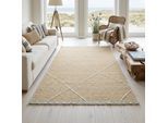 Teppich SANSIBAR "Braderup", gold (goldfarben), B:120cm H:2mm L:170cm, Schurwolle, Teppiche, Teppich, Flachgewebe, modernes Scandi Design, Motiv Rauten, mit Fransen