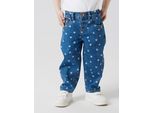 Mom-Jeans NAME IT "NMFBELLA MOM SHAPED JEANS 3555-ON NOOS", Mädchen, Gr. 98, N-Gr, blau (denim blau aop:hearts), Denim/Jeans, Obermaterial: 74% Baumwolle, 24% Polyester, 1% Elasthan, 1% Viskose, bedruckt, weit knöchellang, Jeans