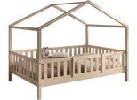 Hausbett VIPACK "Dallas, Massivholzbett mit Dachaufbau umbaubar vom Boden- zum Daybett", kiefer natur, kiefer natur, kiefer natur, B:147cm H:170cm L:210cm, Betten, stabil und standfest gebaut, wahlweise Kiefer massiv natur oder weiß