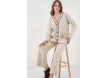 Pocket Gedetailleerde V-hals Cardigan en Wijde Broek Set