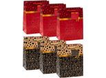 TSI Geschenktüten Set Serie 9, 6-teilig, 3 x Motiv „schwarz/gold mit Schleife“/3 x Motiv „rot/gold mit Schleife“, PP-Folie, gold-rot-schwarz