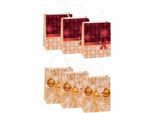 TSI Geschenktüten Set Serie 4, 3 x Motiv „Schneeflocken und Weihnachtskugeln“/3 x Motiv Schneeflocken mit roter Schleife“, Kraftpapier, farbsortiert
