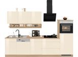 Küchenzeile KOCHSTATION "KS-Virginia,neu in verbesserter Ausführung", beige (küche: natur, front: creme hochglanz, korpus: eiche sonoma, arbeitsplatte: eiche sonoma), B:300cm T:60cm, Komplettküchen-Sets, Küchenzeile, Breite 300 cm, Soft-Close, wahlweise mit E-Geräten
