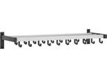 Wandgarderobe – 19 Einzelhaken + Hutablage, Profile Aluminium silbermatt eloxiert, Stützen schwarz (RAL 9005) epoxidbeschichtet, Haken/Abdeckungen Kunststoff schwarz, Maße H 160 × B 1000 × T 330 mm