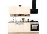 Küchenzeile KOCHSTATION "KS-Virginia,neu in verbesserter Ausführung", beige (küche: natur, front: creme hochglanz, korpus: eiche sonoma, arbeitsplatte: eiche sonoma), B:220cm H:200cm T:60cm, Komplettküchen-Sets, Küchenzeile, Breite 220 cm, Soft-Close, wahlweise mit E-Geräten