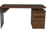Schreibtisch JAHNKE "LUX C 140", braun (walnuss, grauglas, walnuss, grauglas, walnuss), B:141,8cm H:74cm T:55cm, Tische, Schreibtisch, wechselseitig montierbar,Seitenteil aus ESG Sicherheitsglas,B:141,8 cm