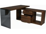Eckschreibtisch JAHNKE "LUX", walnuss, grauglas, walnuss, grauglas, walnuss, B:141,8cm H:74cm T:140cm, Tische, Eckschreibtisch, wechselseitig montierbar, Seitenteil aus ESG Sicherheitsglas