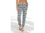 Strandhose LASCANA "mit Ethnoprint aus leichter Viskoseware", Damen, Gr. 40, N-Gr, blau (marine, bedruckt), Jersey, Obermaterial: 95% Viskose, 5% Elasthan, bedruckt, figurumspielend lang, Hosen Strandhose, leichte Sommerhose, luftige Jerseyhose, Schlupfhose, Topseller