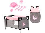 Puppenbett BAYER "Puppen-Reisebett-Set", rosa, grau mit schmetterling, Puppenmöbel, Kinder, Puppenbett, inklusive Schlafsack, Teller, Trinkbecher, Besteck und Schnuller