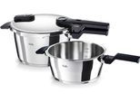 Schnellkochtopf FISSLER "VitaquickElemental Dampfkochtopf Premium Drucktopf", silber, B:30cm H:22,5cm L:40cm Ø:22cm, Töpfe, Schnellkochtopf, Schnellkochtopf-Set mit 2 Garstufen und Superthermic Boden