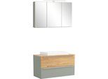 Badmöbel-Set WELLTIME "TRIENT, Set: Spiegelschrank und Waschtisch", grau (schilfgrün), B:100cm H:200cm T:47cm, MDF, Kastenmöbel-Sets, Badmöbel-Set, schilfgrün/wildeiche, LED-Aufbauleuchte, 2tlg. Waschtisch-Set