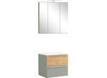 Badmöbel-Set WELLTIME "TRIENT, Set: Spiegelschrank und Waschtisch", grau (schilfgrün), B:60cm H:200cm T:47cm, MDF, Kastenmöbel-Sets, Badmöbel-Set, schilfgrün/wildeiche, LED-Aufbauleuchte, 2tlg. Waschtisch-Set