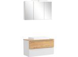 Badmöbel-Set WELLTIME "TRIENT, Set: Spiegelschrank und Waschtisch", weiß (matt weiß), B:100cm H:200cm T:47cm, MDF, Kastenmöbel-Sets, Badmöbel-Set, matt weiß/wildeiche, LED-Aufbauleuchte, 2tlg. Waschtisch-Set