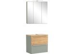 Badmöbel-Set WELLTIME "TRIENT, Set: Spiegelschrank und Unterbeckenschrank", schilfgrün, B:60cm H:200cm T:35cm, MDF, Kastenmöbel-Sets, Badmöbel-Set, schilfgrün/wildeiche, LED-Aufbauleuchte, 2tlg. Unterbecken-Set