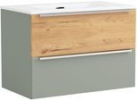 Waschtisch WELLTIME "TRIENT, Softclose-Auszüge, Keramikbecken", grün (schilfgrün, wildeiche, schilfgrün), B:80cm H:54cm T:47cm, Waschtische, Waschtisch, schilfgrün/wildeiche, Keramikbecken
