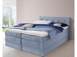 Boxspringbett HAPO, blau (hellblau), Liegefläche B/L: 200cm x 200cm, kein Härtegrad, 7-Zonen-Kaltschaummatratze, Kopfteil, seitliche Unterbox und Obermatratze sind mit pflegeleichtem Feinstrukturstoff in Leinenoptik (100% Polyester) bezogen;Die Oberseite der Unterfederung und die Ober- und Unterseite der Obermatratze sind jeweils mit einem rutschhemmenden Stoff aus 100% Polyester bespannt., Komple