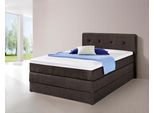 Boxspringbett HAPO, braun, Liegefläche B/L: 140cm x 200cm, kein Härtegrad, 7-Zonen-Tonnentaschen-Federkernmatratze, Kopfteil, seitliche Unterbox und Obermatratze sind mit pflegeleichtem Feinstrukturstoff in Leinenoptik (100% Polyester) bezogen;Die Oberseite der Unterfederung und die Ober- und Unterseite der Obermatratze sind jeweils mit einem rutschhemmenden Stoff aus 100% Polyester bespannt., Kom