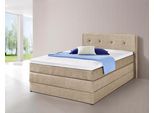 Boxspringbett HAPO, beige, Liegefläche B/L: 140cm x 200cm, kein Härtegrad, 7-Zonen-Kaltschaummatratze, Kopfteil, seitliche Unterbox und Obermatratze sind mit pflegeleichtem Feinstrukturstoff in Leinenoptik (100% Polyester) bezogen;Die Oberseite der Unterfederung und die Ober- und Unterseite der Obermatratze sind jeweils mit einem rutschhemmenden Stoff aus 100% Polyester bespannt., Komplettbetten,