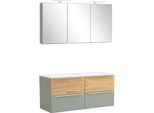 Badmöbel-Set WELLTIME "TRIENT, Set: Spiegelschrank und Waschtisch", grün (schilfgrün), B:120cm H:200cm T:47cm, MDF, Kastenmöbel-Sets, Badmöbel-Set, schilfgrün/wildeiche, LED-Aufbauleuchte, 2tlg. Waschtisch-Set