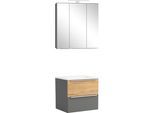 Badmöbel-Set WELLTIME "TRIENT, Set: Spiegelschrank und Waschtisch", grau (onyx, grau), B:60cm H:200cm T:47cm, MDF, Kastenmöbel-Sets, Badmöbel-Set, matt onyx-grey/wildeiche, LED-Aufbauleuchte, 2tlg. Waschtisch-Set