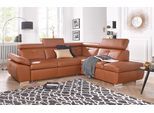 Ecksofa EXXPO - SOFA FASHION "Spring, super bequem und komfortabel mit Armteil- und Kopfteilfunktion", braun (cognac), B:274cm H:81cm T:206cm, NaturLEDER (echtes Rindsleder) in Sitz und Rücken. Korpus in passendem Kunstleder SOFTLUX bezogen;Luxus-Microfaser (100% Polyester);Struktur ( 100% Polyester), Sofas, Ecksofa, wahlweise mit Bettfunktion und Bettkasten, L-Form