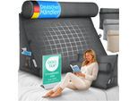 ELONEO Rückenkissen Anthrazit 70 cm breit mit Verstellbarer und Abnehmbarer Nackenrolle, Keilkissen für Bett und Sofa geeignet, dreieckiges Lesekissen, Kissen mit waschbarem Bezug, praktisches Seitenfach
