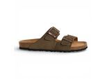 Tamaris herenslippers van olijfgroen leer met instapzool en voetbed.