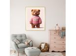 Bild mit Rahmen QUEENCE "Vintage Teddy Bär Mädchen mit Krawatte in rosa", braun (farbe rahmen: beige, farbe bild(er): beige), B:40cm H:50cm T:1,5cm, Acrylglas, Holzrahmen, Bilder, Bild mit Rahmen, HD Premium Poster-Druck inkl. Echtholzrahmen in beige