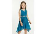 Chiffonkleid BONPRIX, Mädchen, Gr. 146, N-Gr, blau (atlantikblau), Obermaterial: 100% Polyester. Futter: 100% Polyester, unifarben, festlich, regular fit, Rundhals, Kleider Chiffonkleid, für festliche Anlässe, ärmellos, Regular Fit