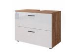 Vicco Waschbeckenunterschrank, Weiß Hochglanz, Eiche, Holzwerkstoff, 2 Fächer, 2 Schubladen, Rechteckig, 80x58.6x41 cm, Badezimmer, Badezimmerschränke, Waschbeckenunterschränke