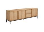 Milino Lowboard Wabi, Eiche, Metall, Holzwerkstoff, Kautschukholz, vollmassiv, 3 Fächer, 2 Schublade(n) Schubladen, 180x60.5x40 cm, ISO 9001, Reach, Bsci, DIN EN ISO 14001, FSC Mix, Beimöbel erhältlich, Wohnzimmer, Wohnwände, Lowboards
