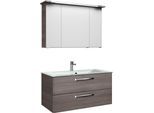 Badmöbel-Set SAPHIR "Trentino 2-teilig Glas-Waschtisch, Spiegelschrank mit LED-Leuchte", grau (graphit struktur), Kastenmöbel-Sets, Badmöbel-Set, Badmöbel-Set 107cm breit, inkl. Türdämpfer, 3 Türen, 2 Auszügen