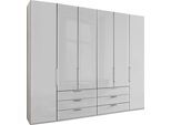 Falttürenschrank WIEMANN "Monaco, Kleiderschrank, Schrank, Wäscheschrank, mit edler Glasfront", weiß (weiß, glas weiß), B:246,9cm H:236cm T:58cm, Floatglas, Holzwerkstoff, Schränke, Falttürenschrank, inkl. gepämpften Schubkästen und Türen, mit Panoramaöffnung